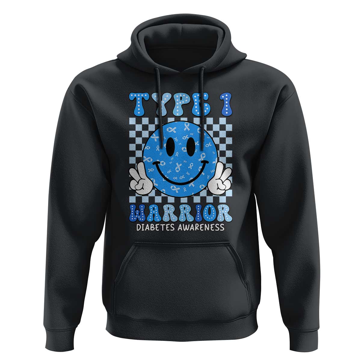 Diabetes Awareness Hoodie Blue Ribbon T1D Warrior Support Squad Retro Groovy