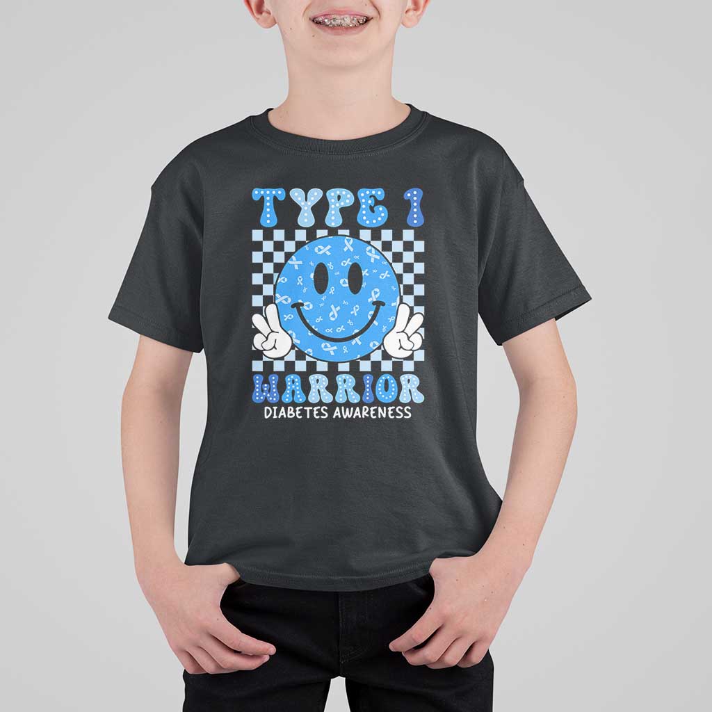 Diabetes Awareness T Shirt For Kid Blue Ribbon T1D Warrior Support Squad Retro Groovy - Wonder Print Shop