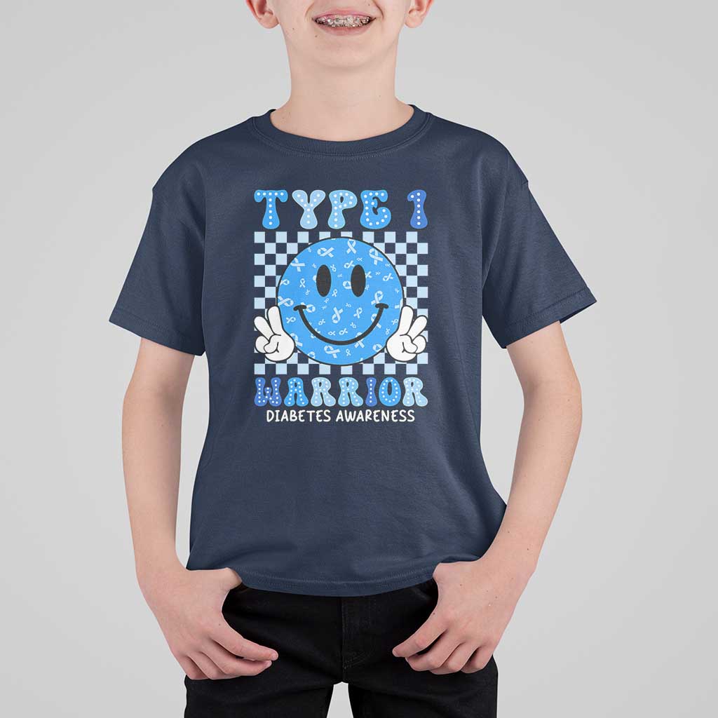 Diabetes Awareness T Shirt For Kid Blue Ribbon T1D Warrior Support Squad Retro Groovy - Wonder Print Shop