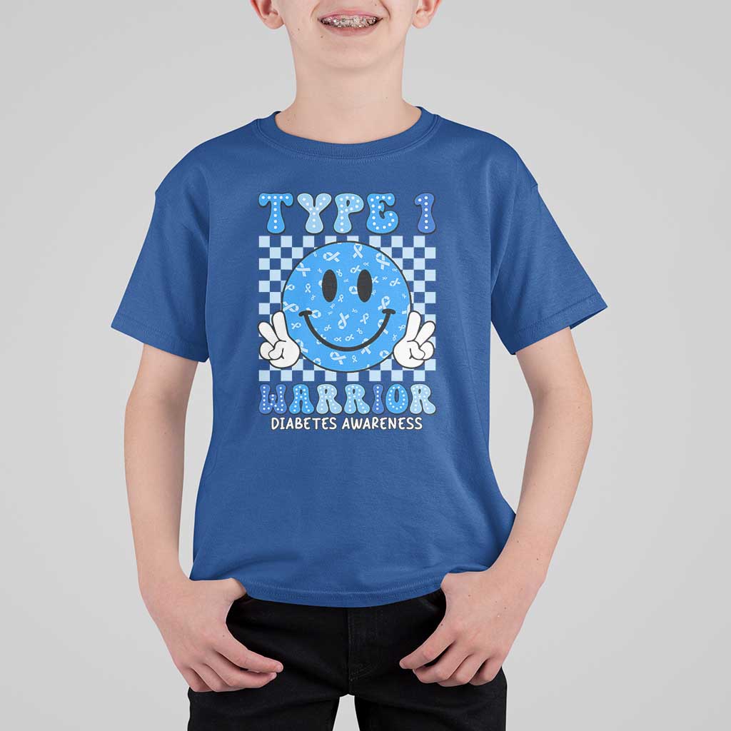 Diabetes Awareness T Shirt For Kid Blue Ribbon T1D Warrior Support Squad Retro Groovy - Wonder Print Shop