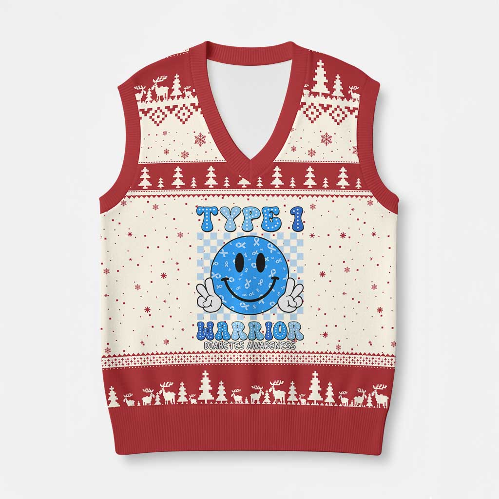 Diabetes Awareness V-Neck Knit Sweater Vest Blue Ribbon T1D Warrior Support Squad Retro Groovy - Wonder Print Shop