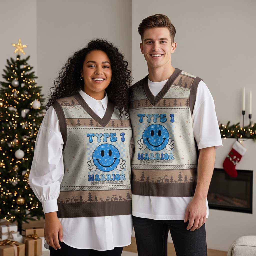 Diabetes Awareness V-Neck Knit Sweater Vest Blue Ribbon T1D Warrior Support Squad Retro Groovy - Wonder Print Shop