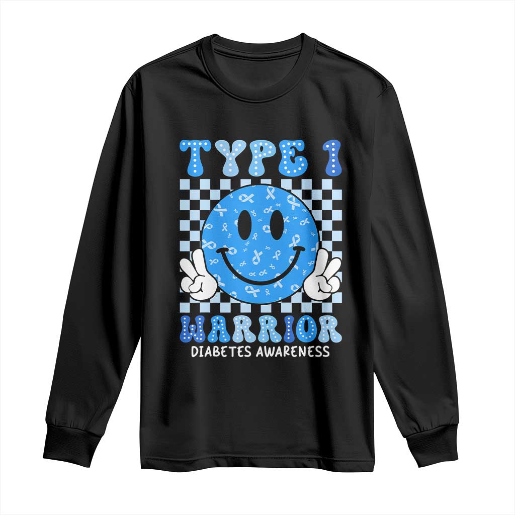Diabetes Awareness Long Sleeve Shirt Blue Ribbon T1D Warrior Support Squad Retro Groovy