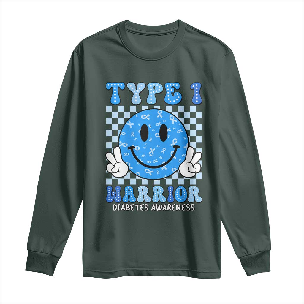 Diabetes Awareness Long Sleeve Shirt Blue Ribbon T1D Warrior Support Squad Retro Groovy