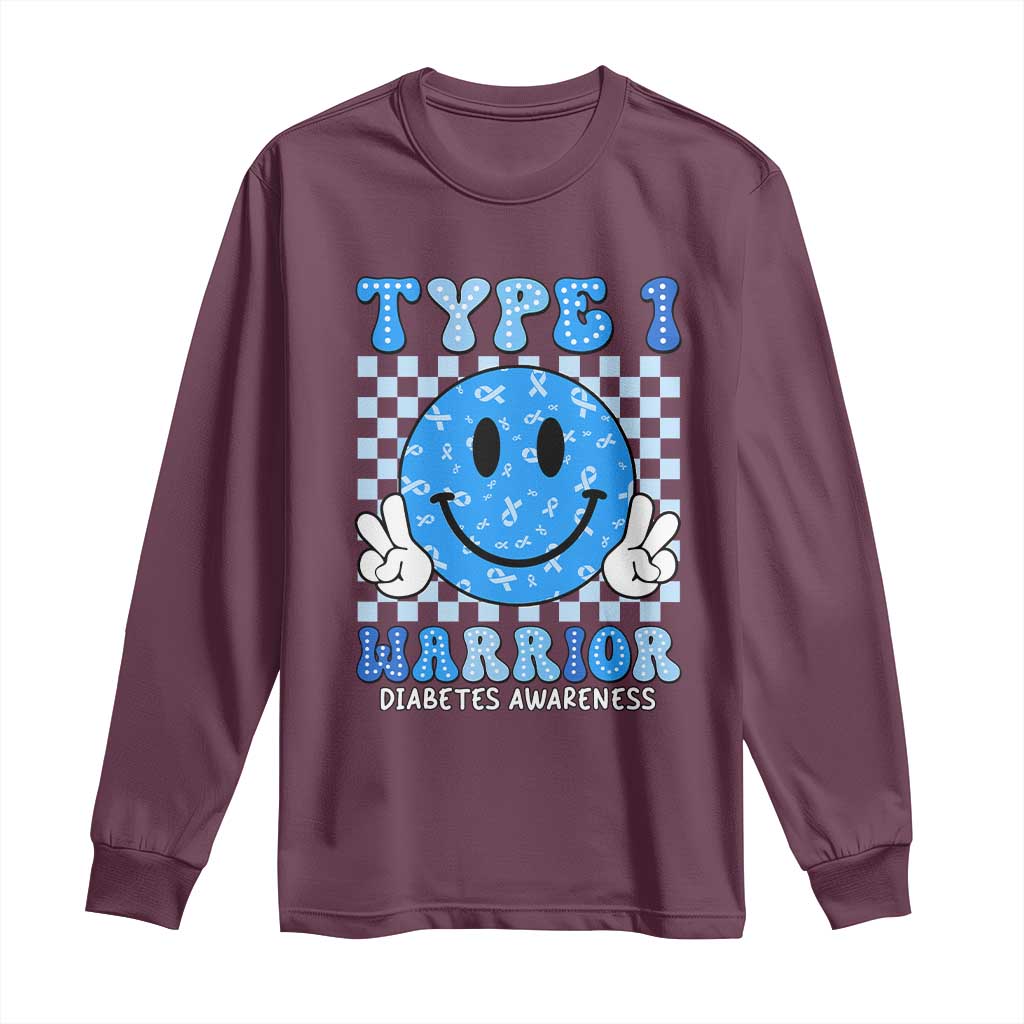 Diabetes Awareness Long Sleeve Shirt Blue Ribbon T1D Warrior Support Squad Retro Groovy