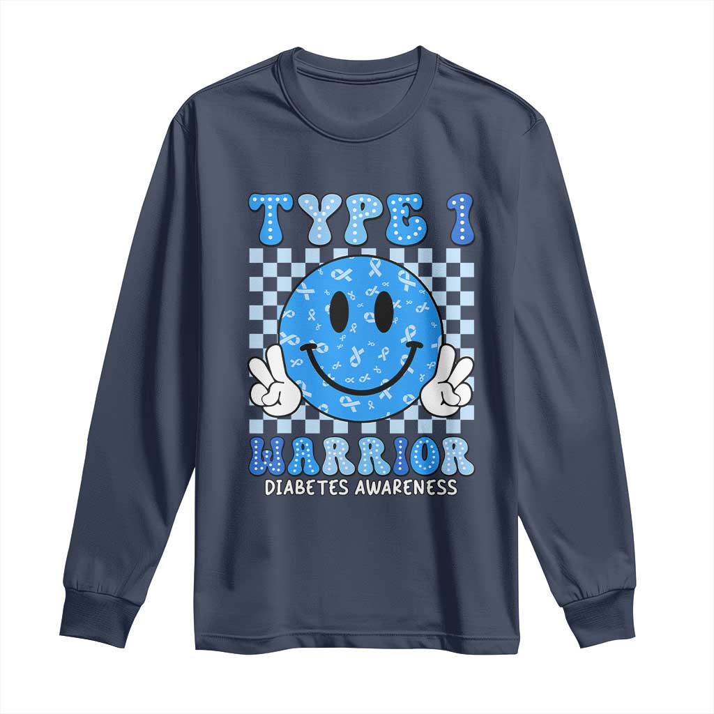 Diabetes Awareness Long Sleeve Shirt Blue Ribbon T1D Warrior Support Squad Retro Groovy