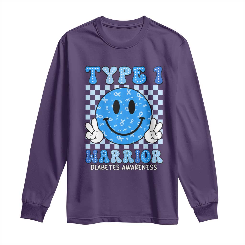 Diabetes Awareness Long Sleeve Shirt Blue Ribbon T1D Warrior Support Squad Retro Groovy