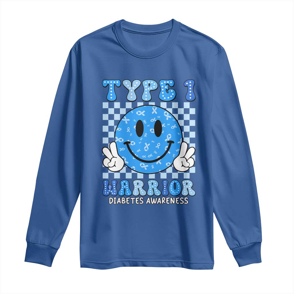 Diabetes Awareness Long Sleeve Shirt Blue Ribbon T1D Warrior Support Squad Retro Groovy