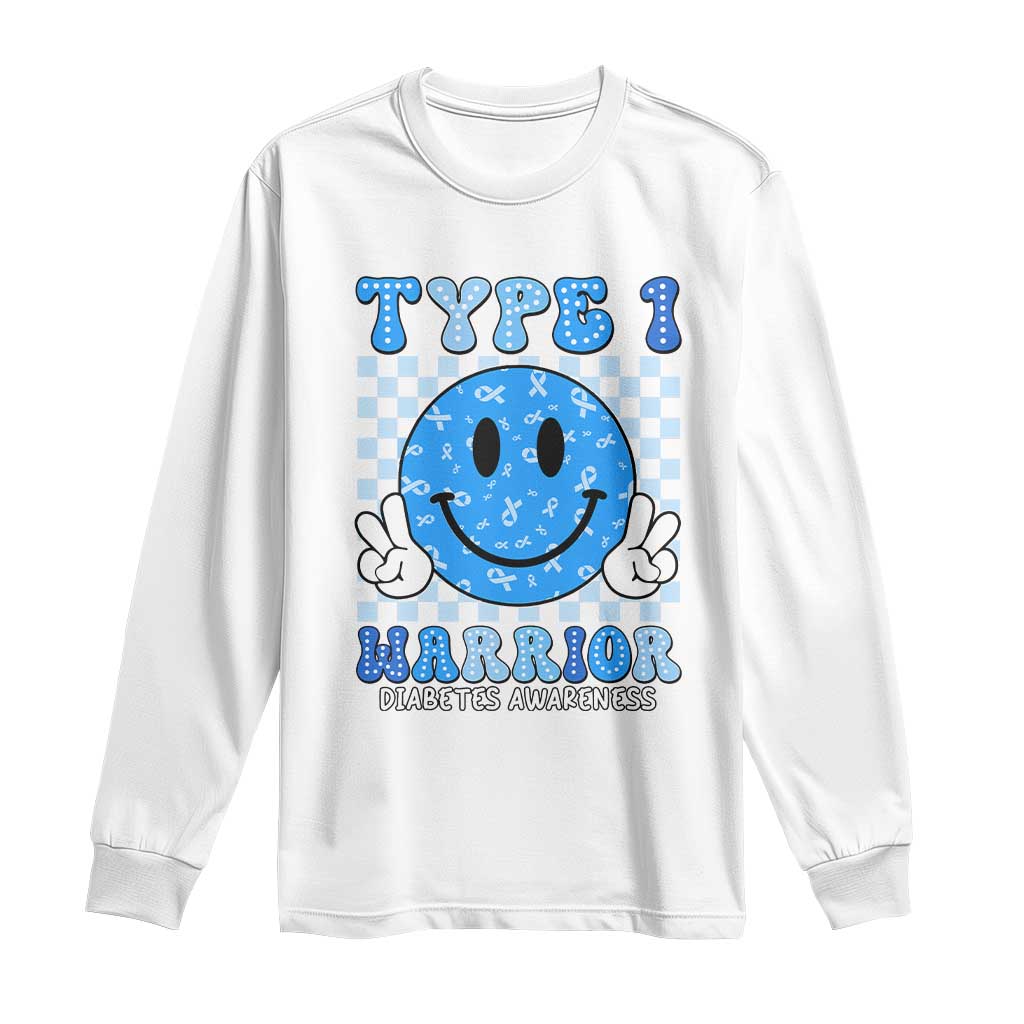 Diabetes Awareness Long Sleeve Shirt Blue Ribbon T1D Warrior Support Squad Retro Groovy