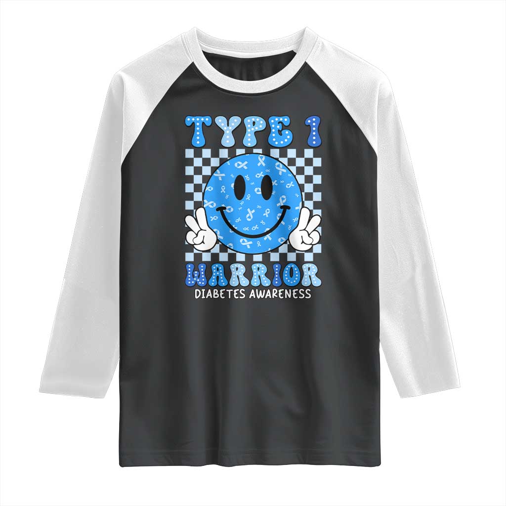 Diabetes Awareness Raglan Shirt Blue Ribbon T1D Warrior Support Squad Retro Groovy