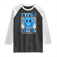 Diabetes Awareness Raglan Shirt Blue Ribbon T1D Warrior Support Squad Retro Groovy