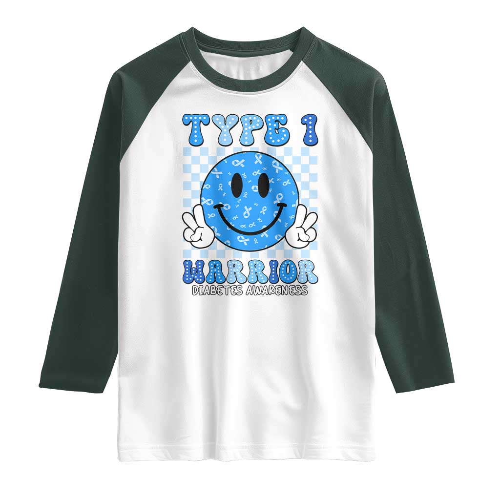 Diabetes Awareness Raglan Shirt Blue Ribbon T1D Warrior Support Squad Retro Groovy