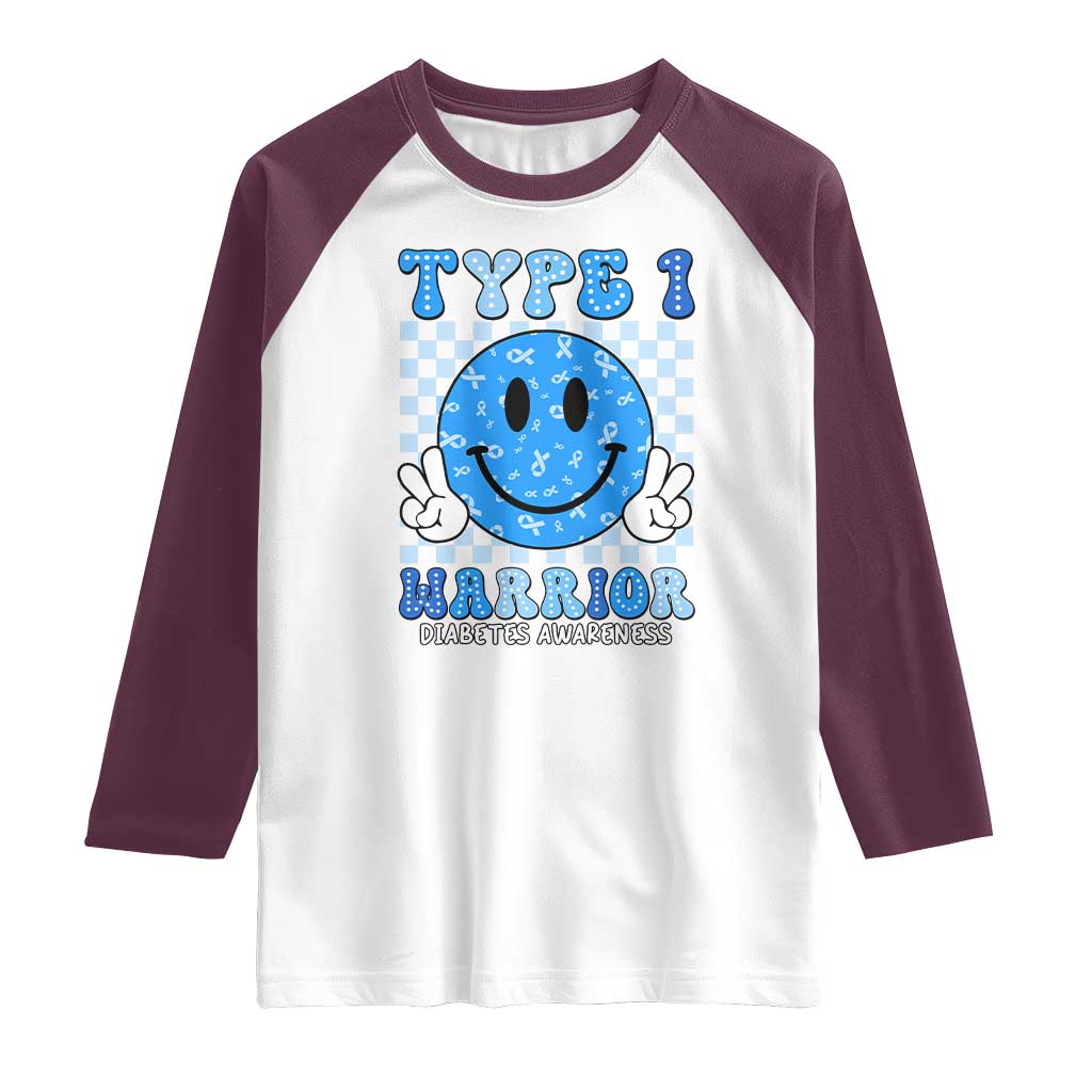 Diabetes Awareness Raglan Shirt Blue Ribbon T1D Warrior Support Squad Retro Groovy