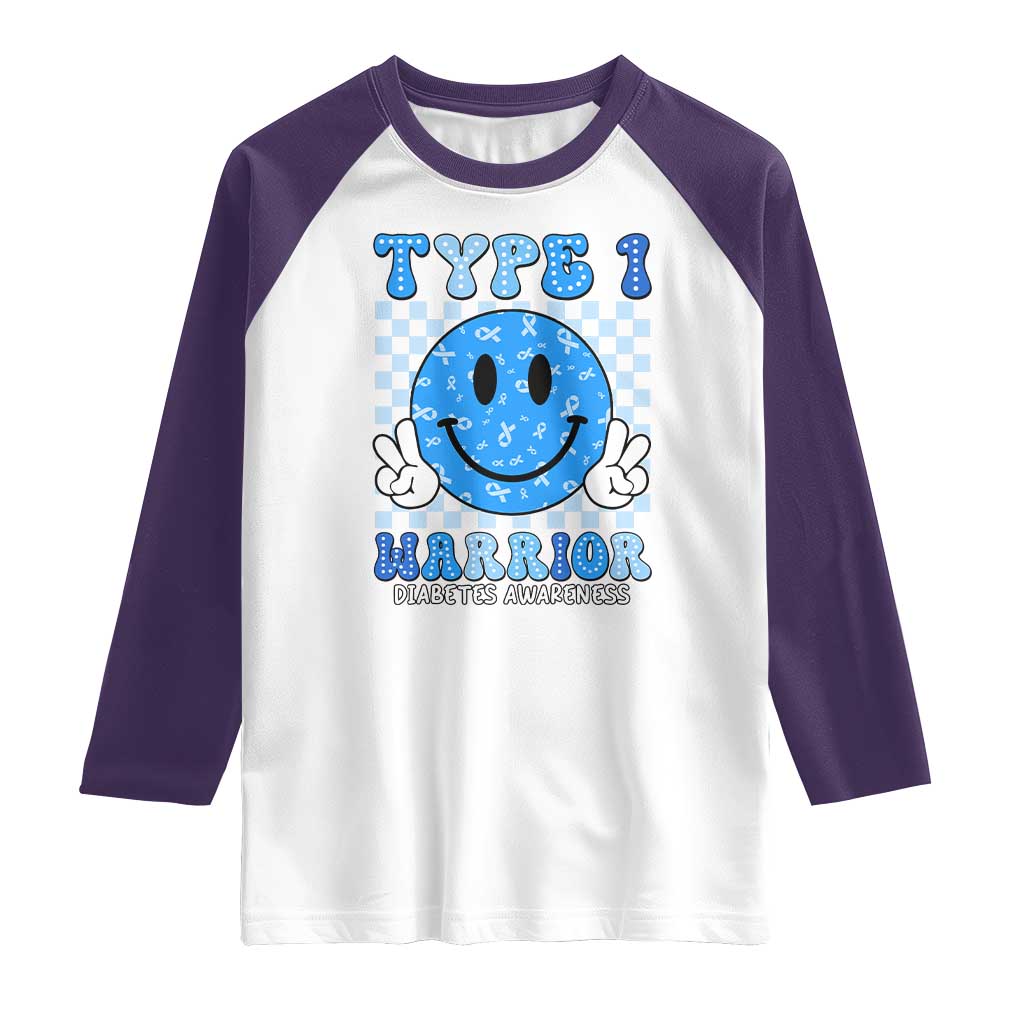 Diabetes Awareness Raglan Shirt Blue Ribbon T1D Warrior Support Squad Retro Groovy
