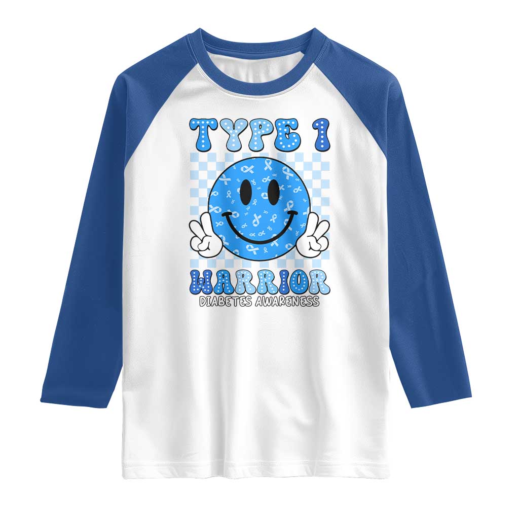 Diabetes Awareness Raglan Shirt Blue Ribbon T1D Warrior Support Squad Retro Groovy