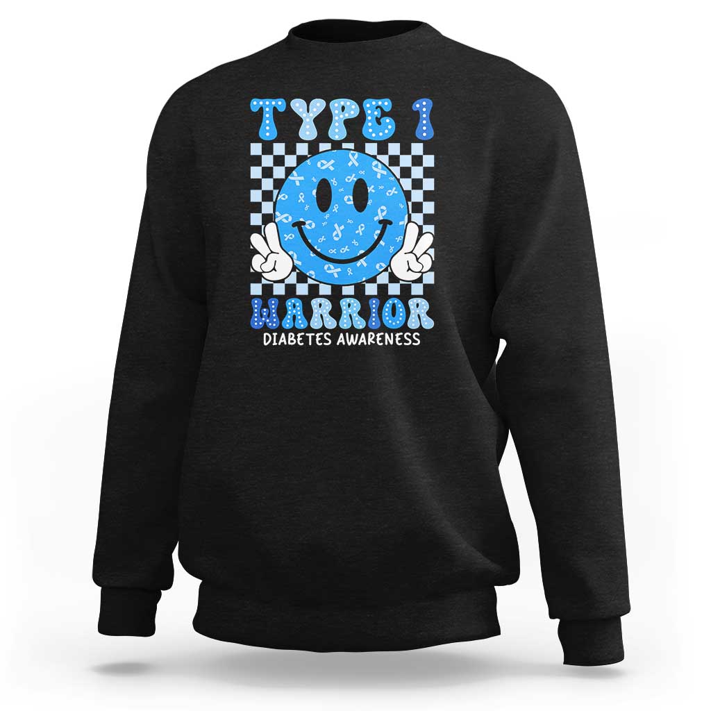 Diabetes Awareness Sweatshirt Blue Ribbon T1D Warrior Support Squad Retro Groovy - Wonder Print Shop