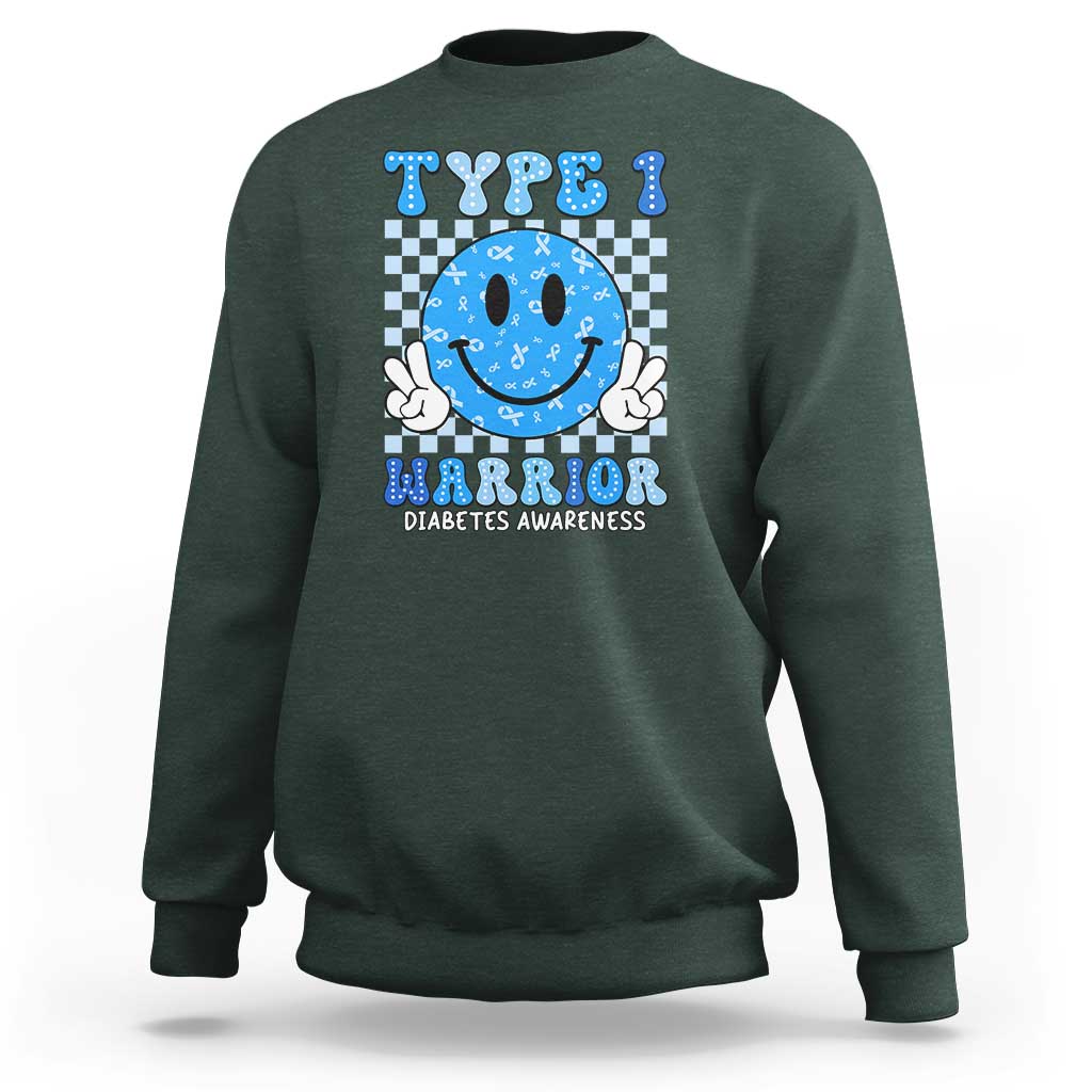 Diabetes Awareness Sweatshirt Blue Ribbon T1D Warrior Support Squad Retro Groovy - Wonder Print Shop