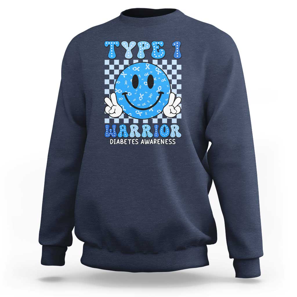 Diabetes Awareness Sweatshirt Blue Ribbon T1D Warrior Support Squad Retro Groovy - Wonder Print Shop