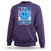 Diabetes Awareness Sweatshirt Blue Ribbon T1D Warrior Support Squad Retro Groovy - Wonder Print Shop