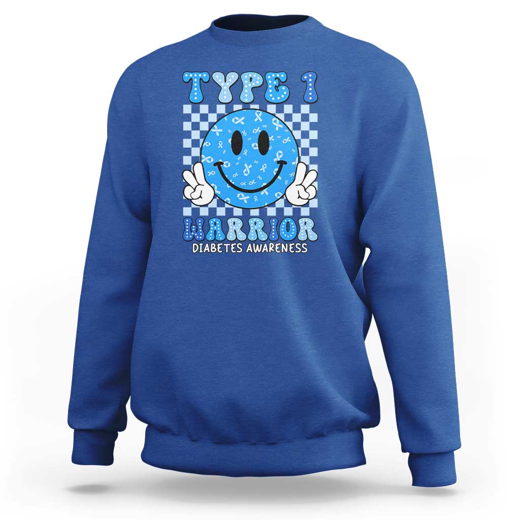 Diabetes Awareness Sweatshirt Blue Ribbon T1D Warrior Support Squad Retro Groovy - Wonder Print Shop
