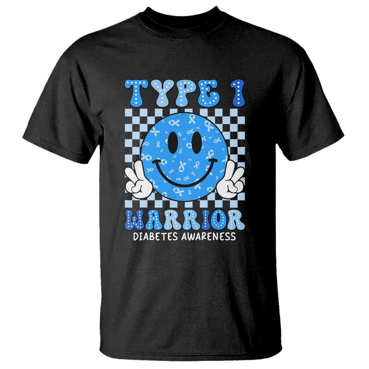 Diabetes Awareness T Shirt Blue Ribbon T1D Warrior Support Squad Retro Groovy - Wonder Print Shop