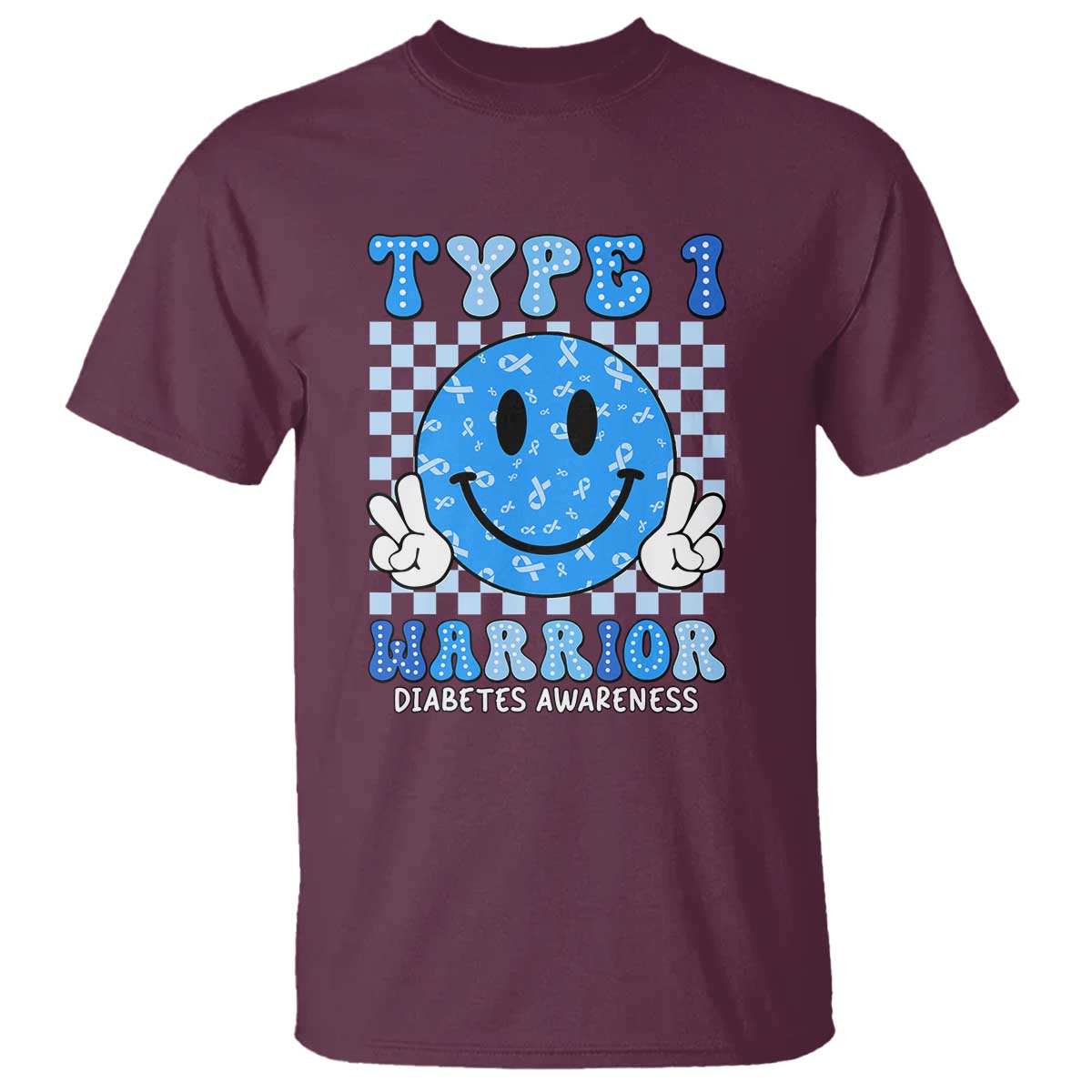 Diabetes Awareness T Shirt Blue Ribbon T1D Warrior Support Squad Retro Groovy - Wonder Print Shop