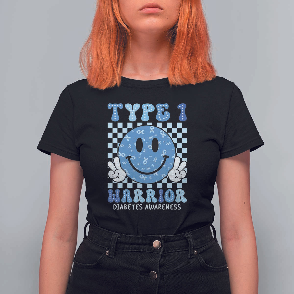 Diabetes Awareness T Shirt For Women Blue Ribbon T1D Warrior Support Squad Retro Groovy - Wonder Print Shop