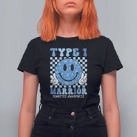 Diabetes Awareness T Shirt For Women Blue Ribbon T1D Warrior Support Squad Retro Groovy - Wonder Print Shop