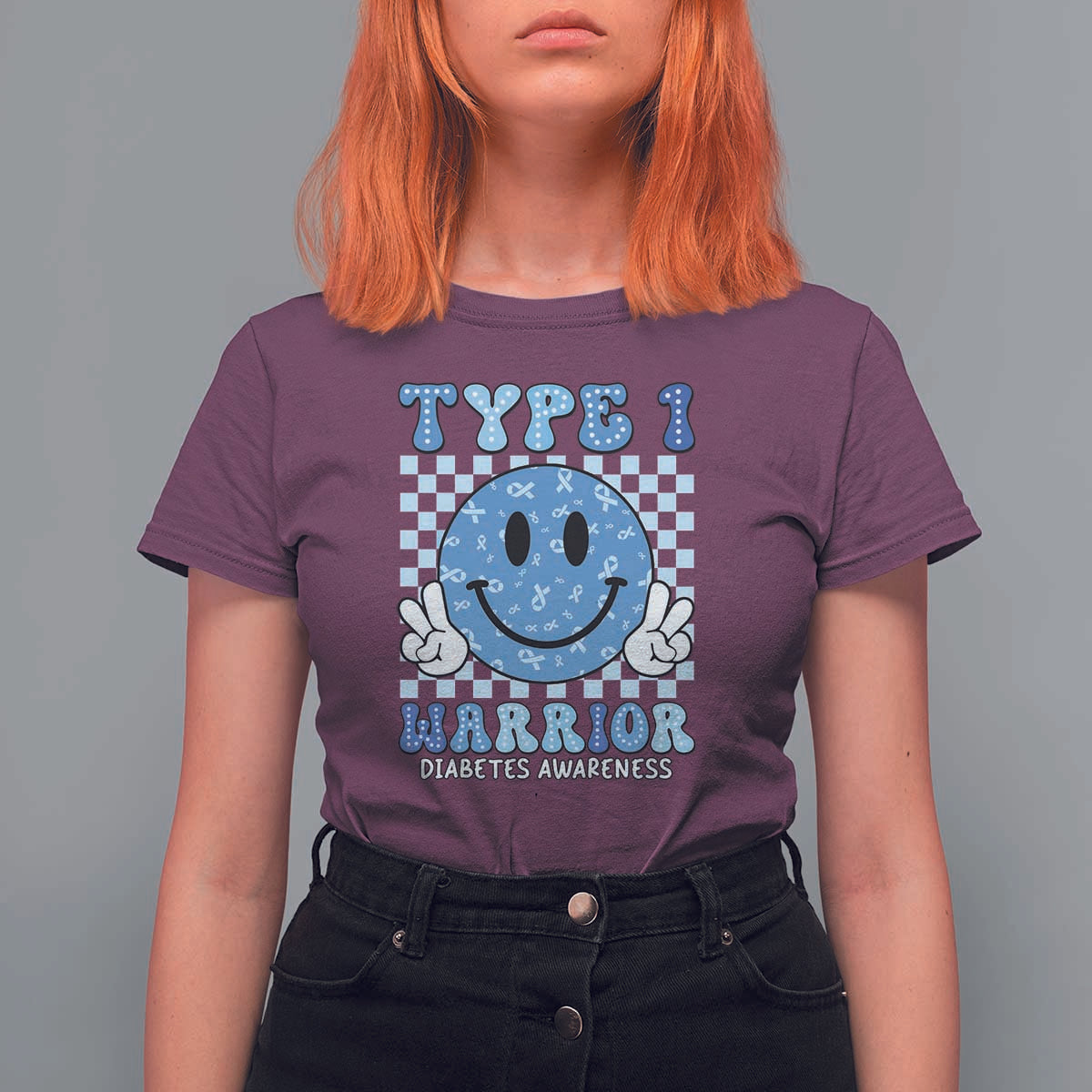 Diabetes Awareness T Shirt For Women Blue Ribbon T1D Warrior Support Squad Retro Groovy - Wonder Print Shop