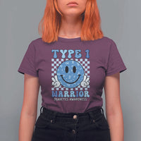 Diabetes Awareness T Shirt For Women Blue Ribbon T1D Warrior Support Squad Retro Groovy - Wonder Print Shop