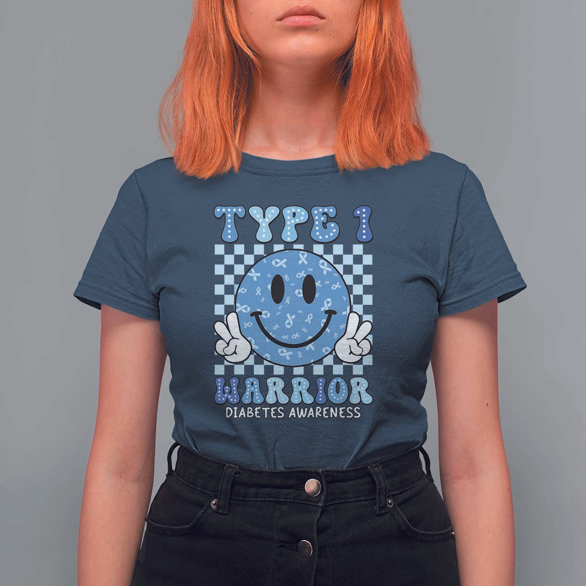 Diabetes Awareness T Shirt For Women Blue Ribbon T1D Warrior Support Squad Retro Groovy - Wonder Print Shop