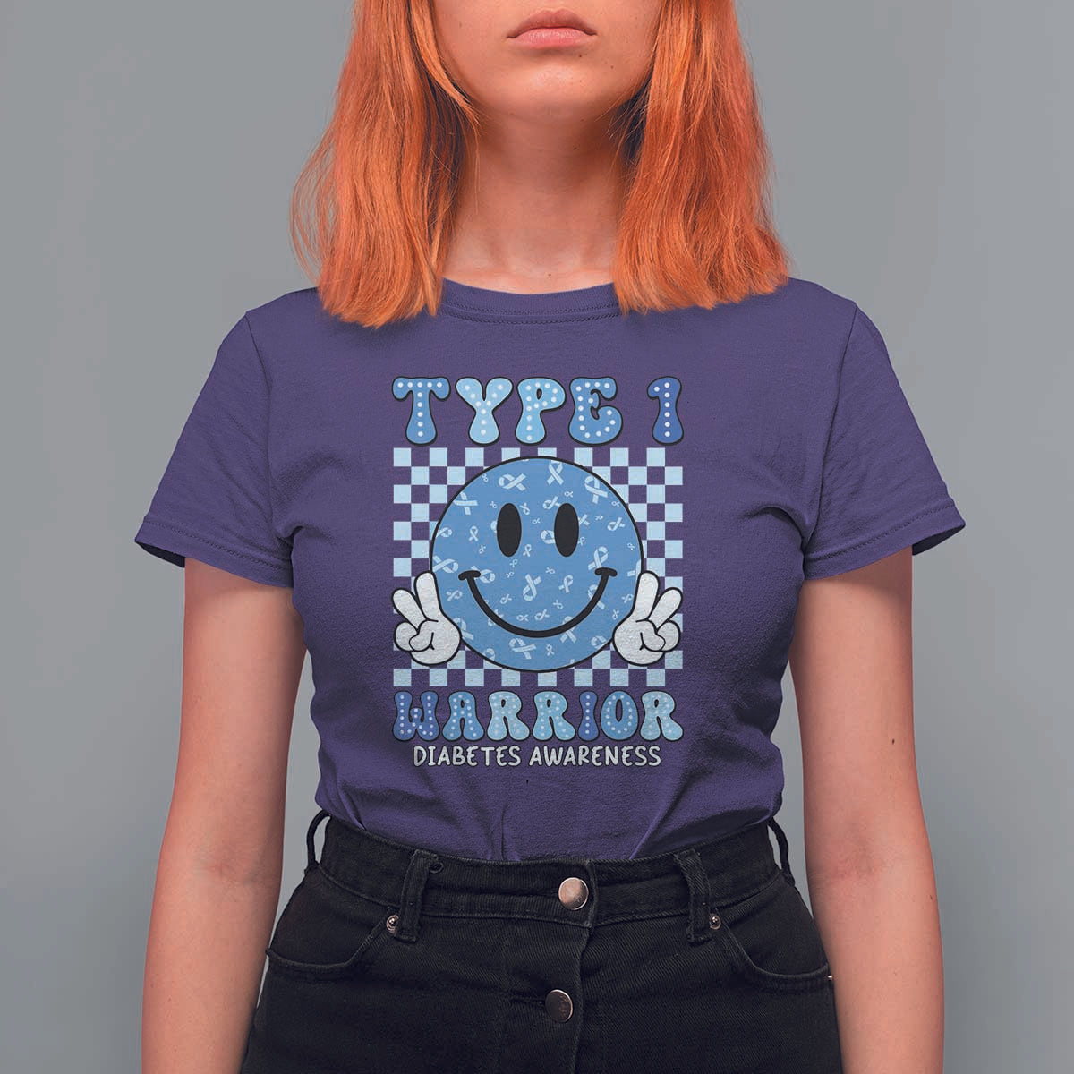 Diabetes Awareness T Shirt For Women Blue Ribbon T1D Warrior Support Squad Retro Groovy - Wonder Print Shop