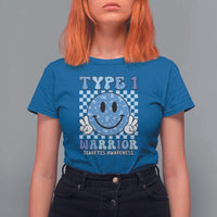 Diabetes Awareness T Shirt For Women Blue Ribbon T1D Warrior Support Squad Retro Groovy - Wonder Print Shop