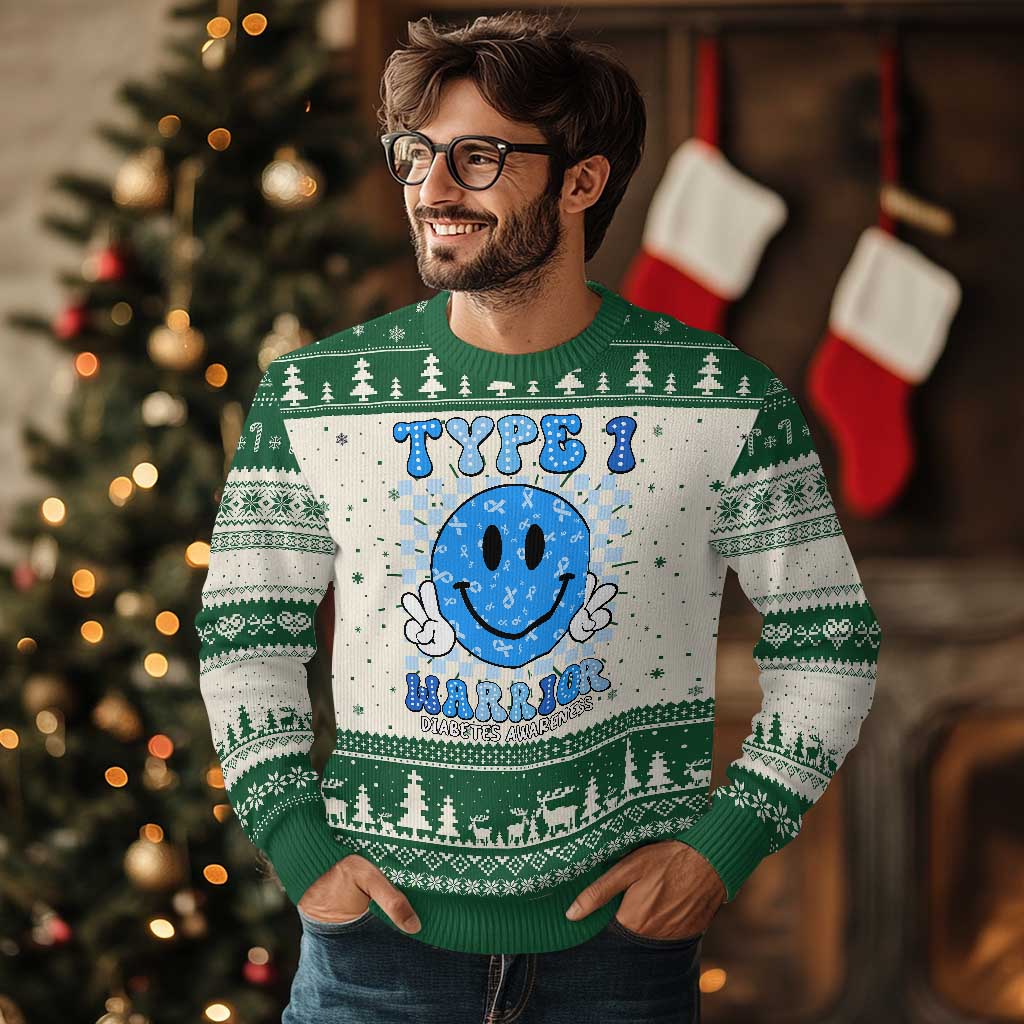 Diabetes Awareness Ugly Christmas Sweater Blue Ribbon T1D Warrior Support Squad Retro Groovy - Wonder Print Shop