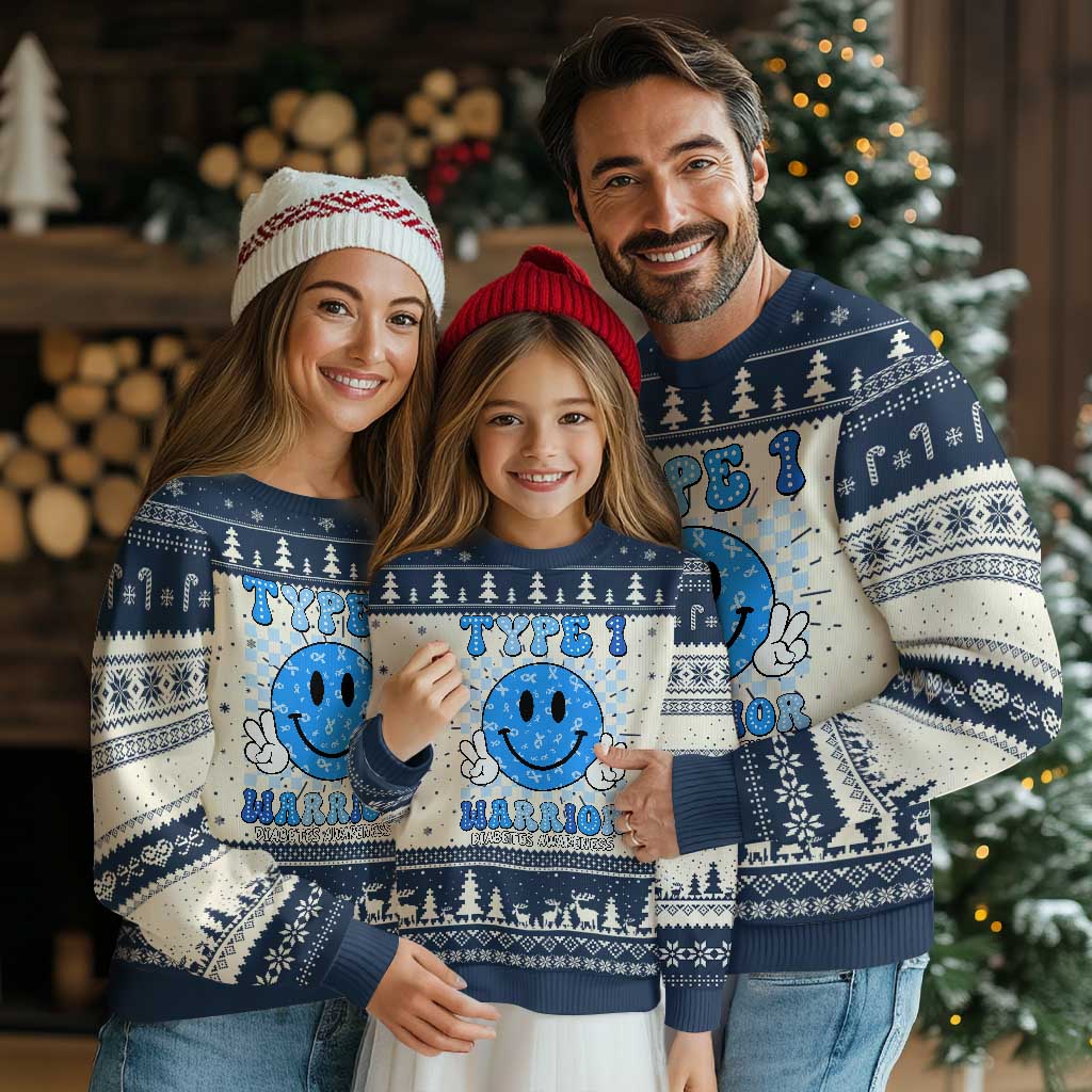 Diabetes Awareness Ugly Christmas Sweater Blue Ribbon T1D Warrior Support Squad Retro Groovy - Wonder Print Shop