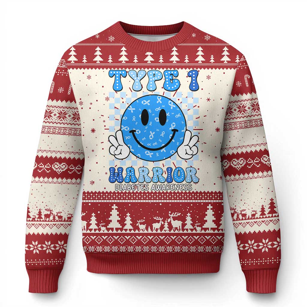 Diabetes Awareness Ugly Christmas Sweater Blue Ribbon T1D Warrior Support Squad Retro Groovy - Wonder Print Shop