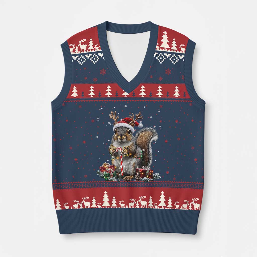Xmas Squirrel V-Neck Knit Sweater Vest Xmas Tree Lights Reindeer Santa Hat Pajamas - Wonder Print Shop