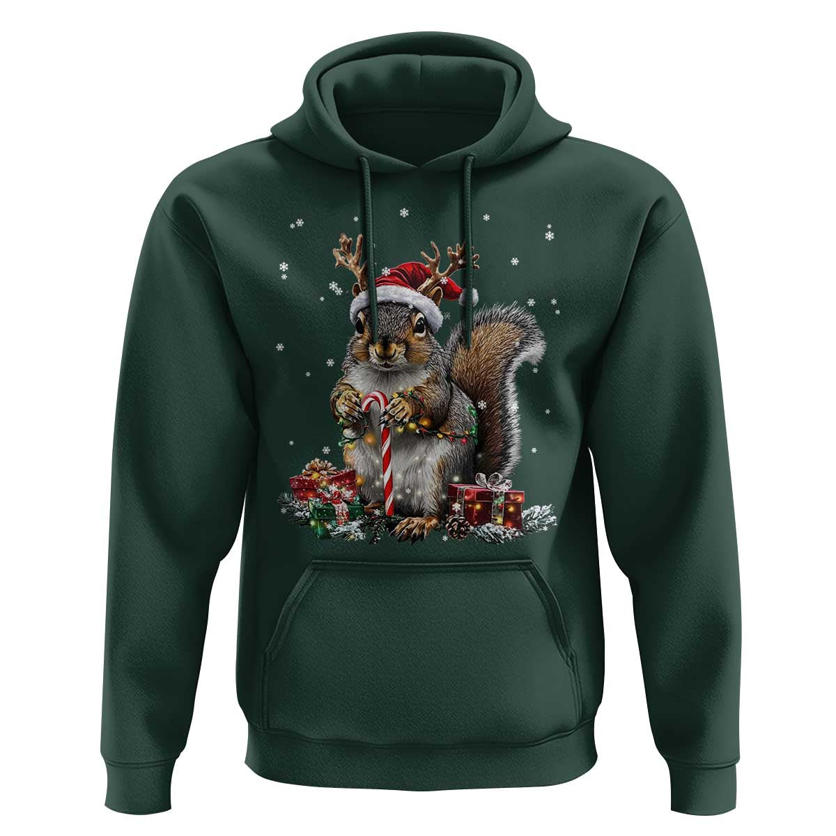 Christmas Squirrel Hoodie Xmas Tree Lights Reindeer Santa Hat Pajamas