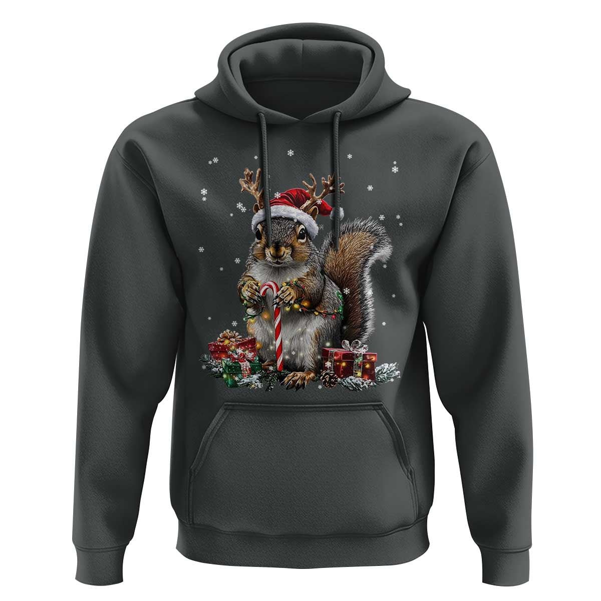 Christmas Squirrel Hoodie Xmas Tree Lights Reindeer Santa Hat Pajamas