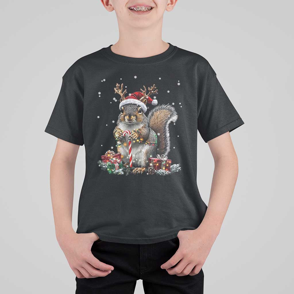 Christmas Squirrel T Shirt For Kid Xmas Tree Lights Reindeer Santa Hat Pajamas - Wonder Print Shop