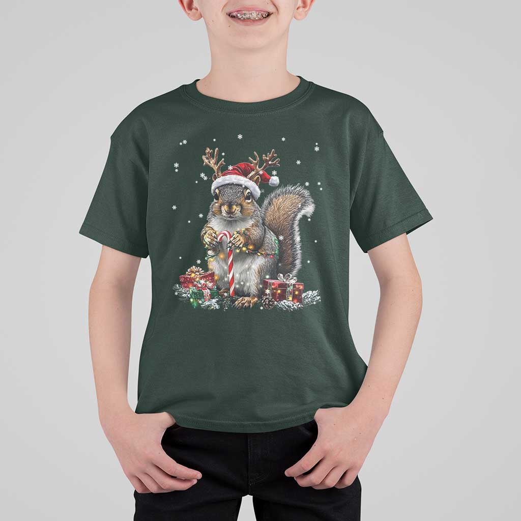 Christmas Squirrel T Shirt For Kid Xmas Tree Lights Reindeer Santa Hat Pajamas - Wonder Print Shop