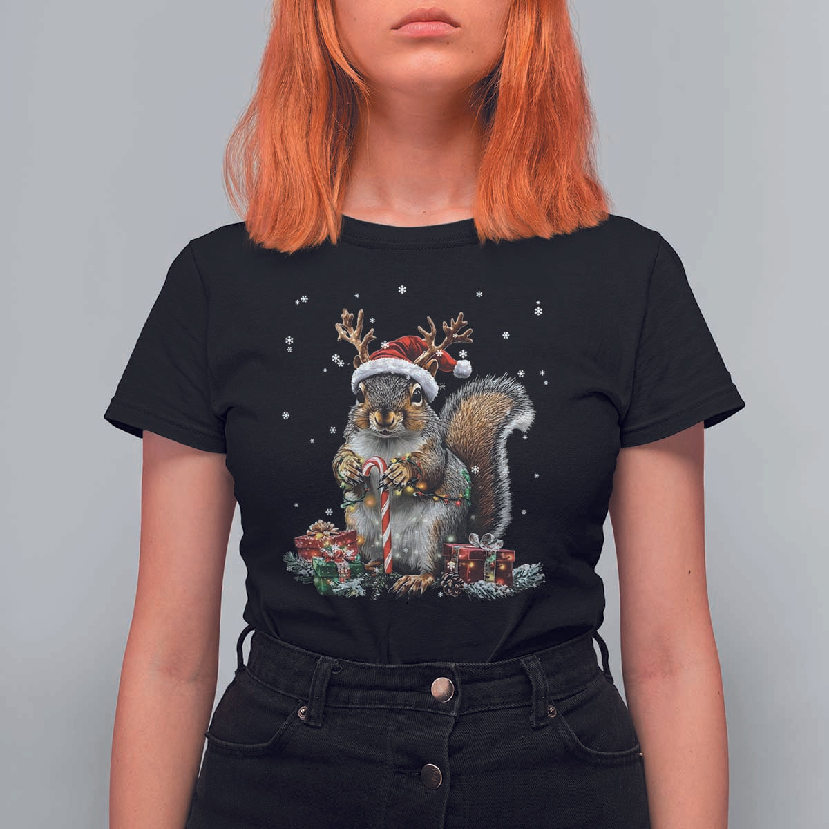 Christmas Squirrel T Shirt For Women Xmas Tree Lights Reindeer Santa Hat Pajamas - Wonder Print Shop