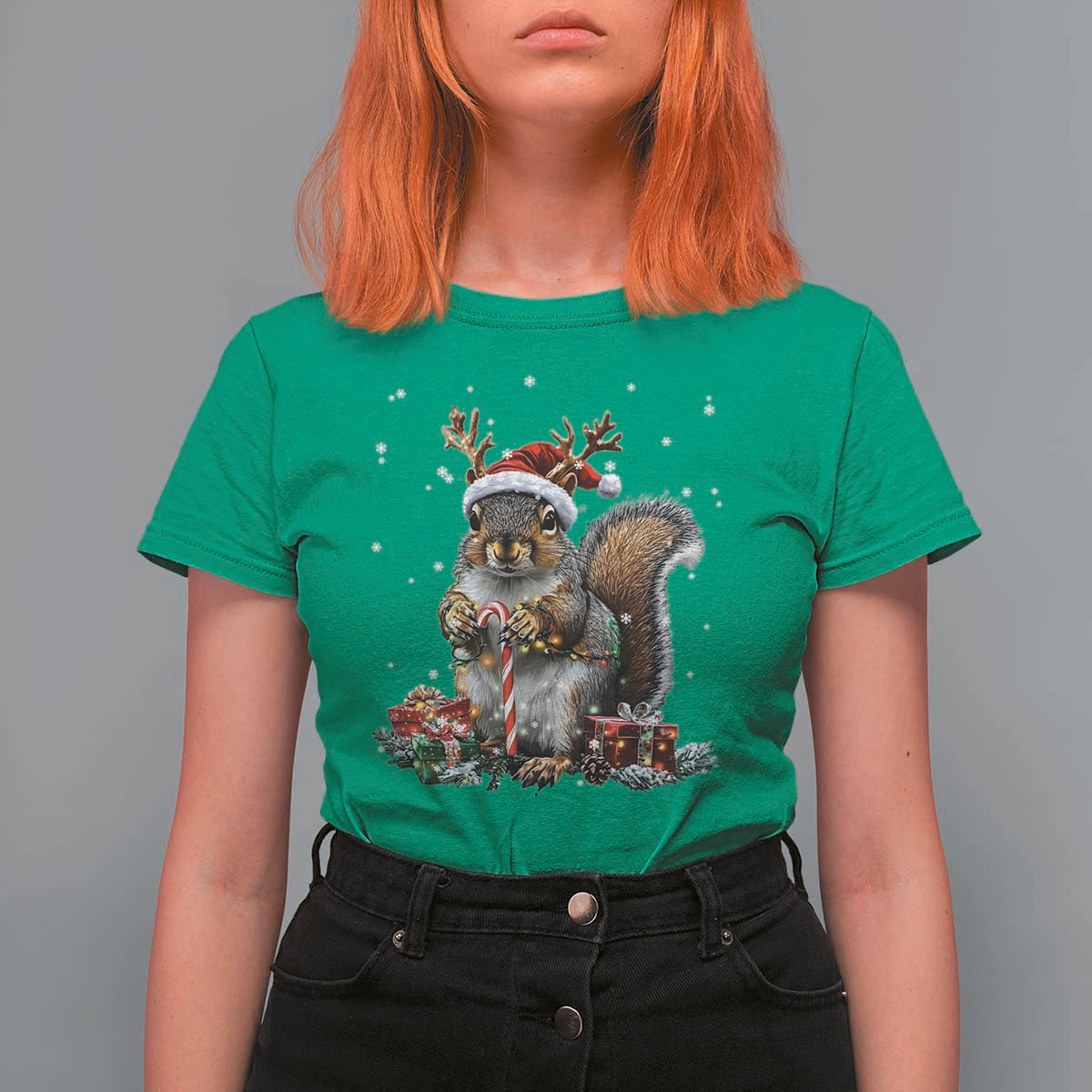 Christmas Squirrel T Shirt For Women Xmas Tree Lights Reindeer Santa Hat Pajamas - Wonder Print Shop