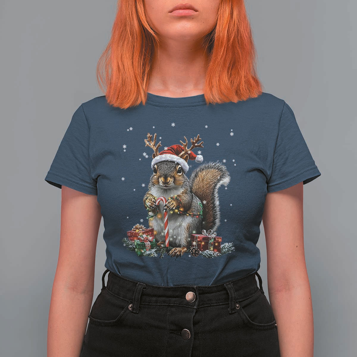 Christmas Squirrel T Shirt For Women Xmas Tree Lights Reindeer Santa Hat Pajamas - Wonder Print Shop