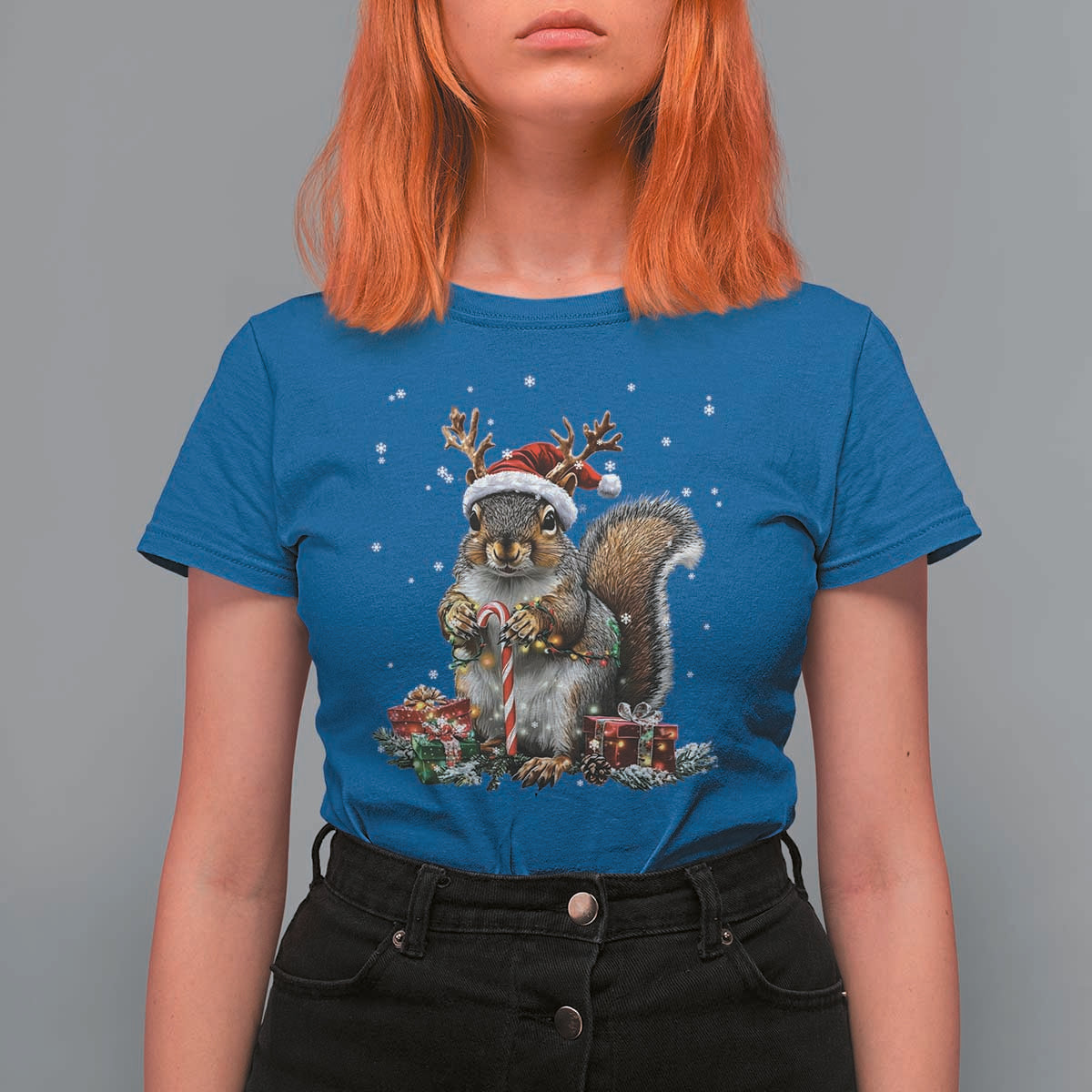 Christmas Squirrel T Shirt For Women Xmas Tree Lights Reindeer Santa Hat Pajamas - Wonder Print Shop