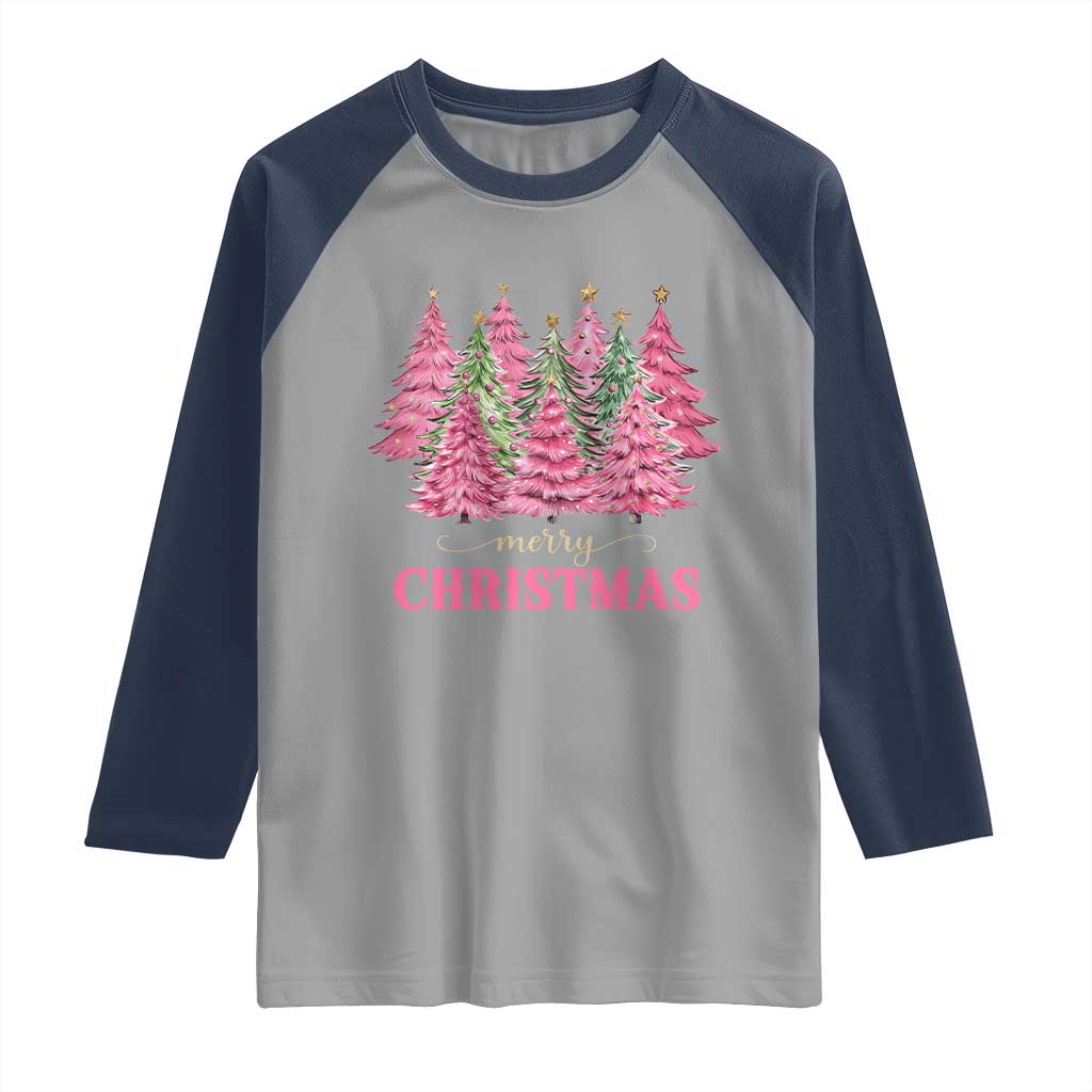 Pink Christmas Tree Farm Raglan Shirt Merry Xmas Ornaments Family Holiday Pajamas