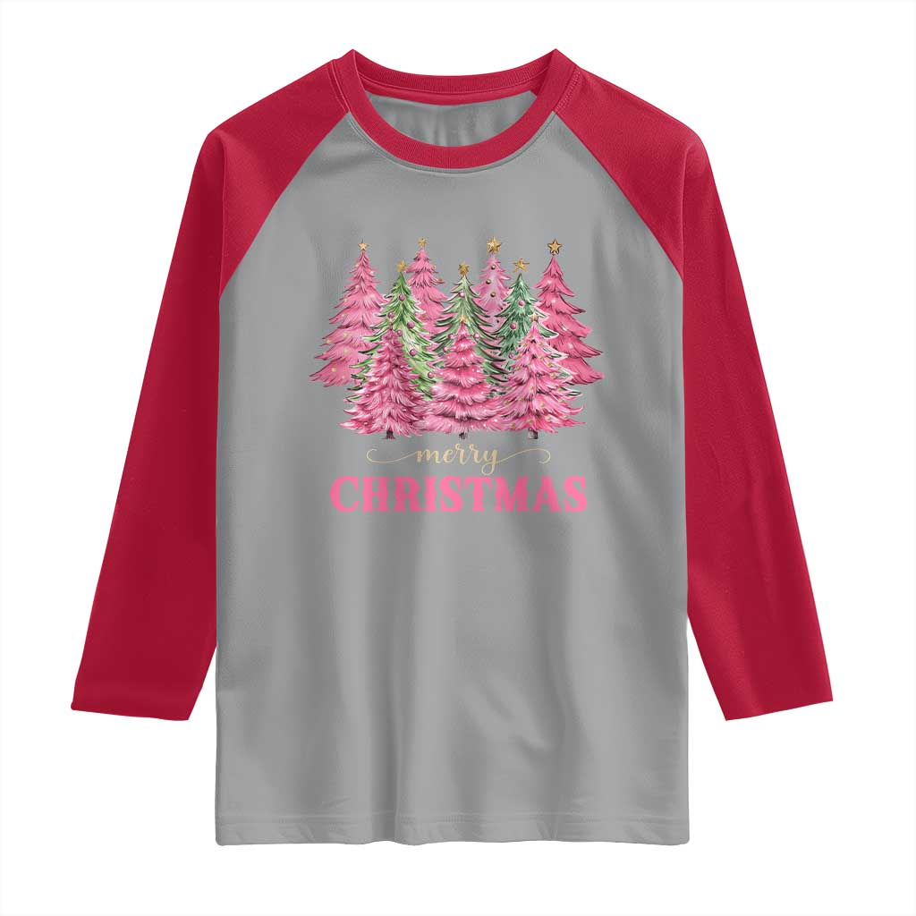 Pink Christmas Tree Farm Raglan Shirt Merry Xmas Ornaments Family Holiday Pajamas