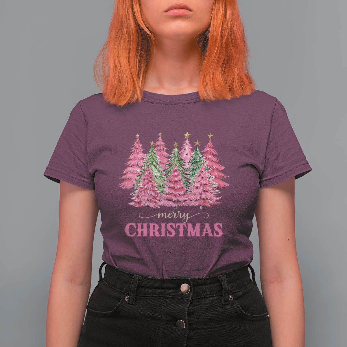 Pink Christmas Tree Farm T Shirt For Women Merry Xmas Ornaments Family Holiday Pajamas - Wonder Print Shop