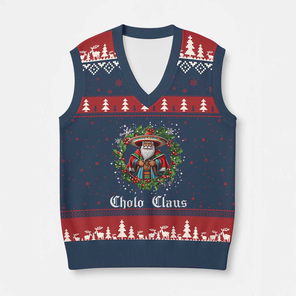 Funny Mexican Santa V-Neck Knit Sweater Vest Cholo Claus Xmas in Mexico - Wonder Print Shop