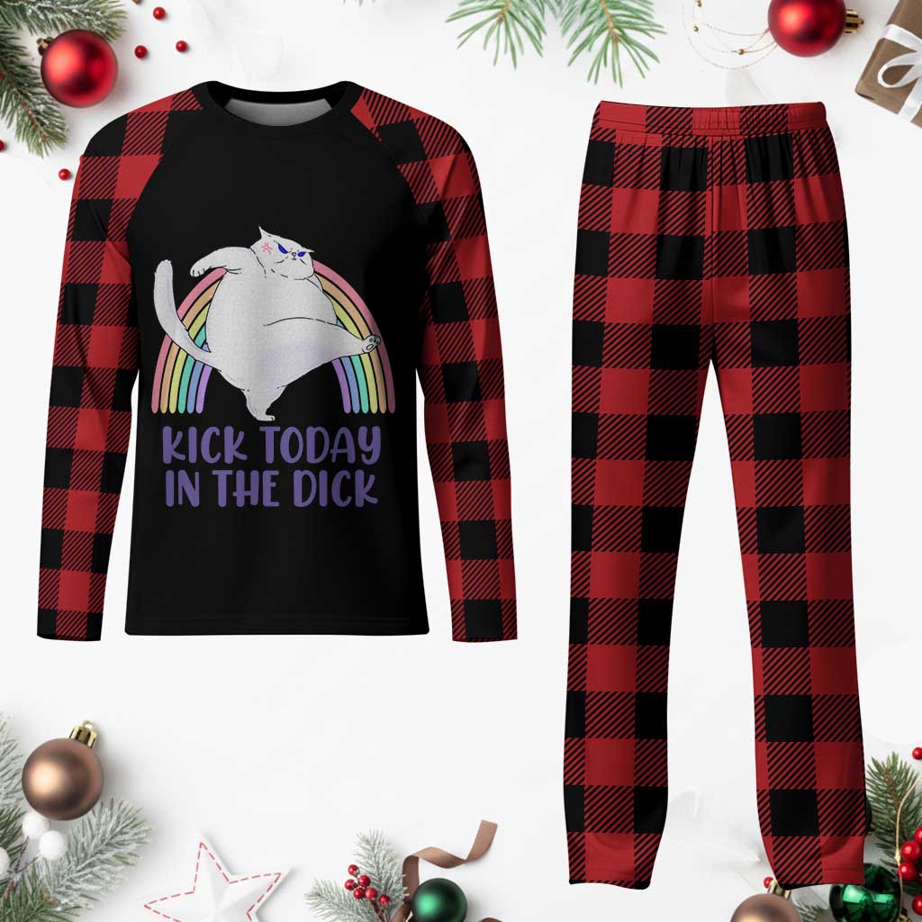 Funny Sarcastic Cat Plaid Pajama Set Kick Today In The Dick Pastel Rainbow - Wonder Print Shop